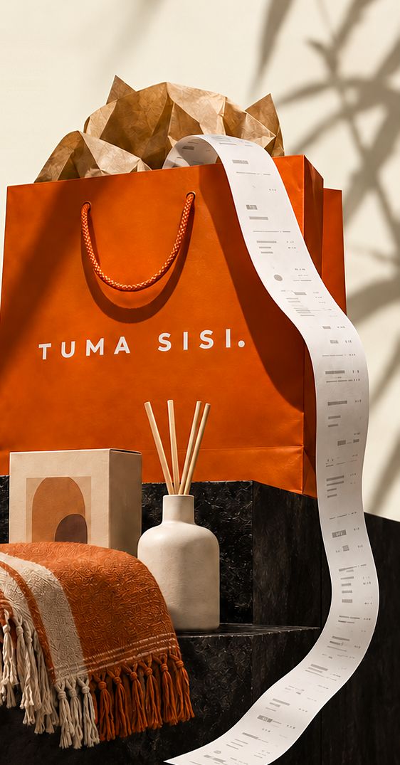 An orange Tuma Sisi shopping bag with a long receipt, a woven throw and a diffuser on a dark stone plinth.